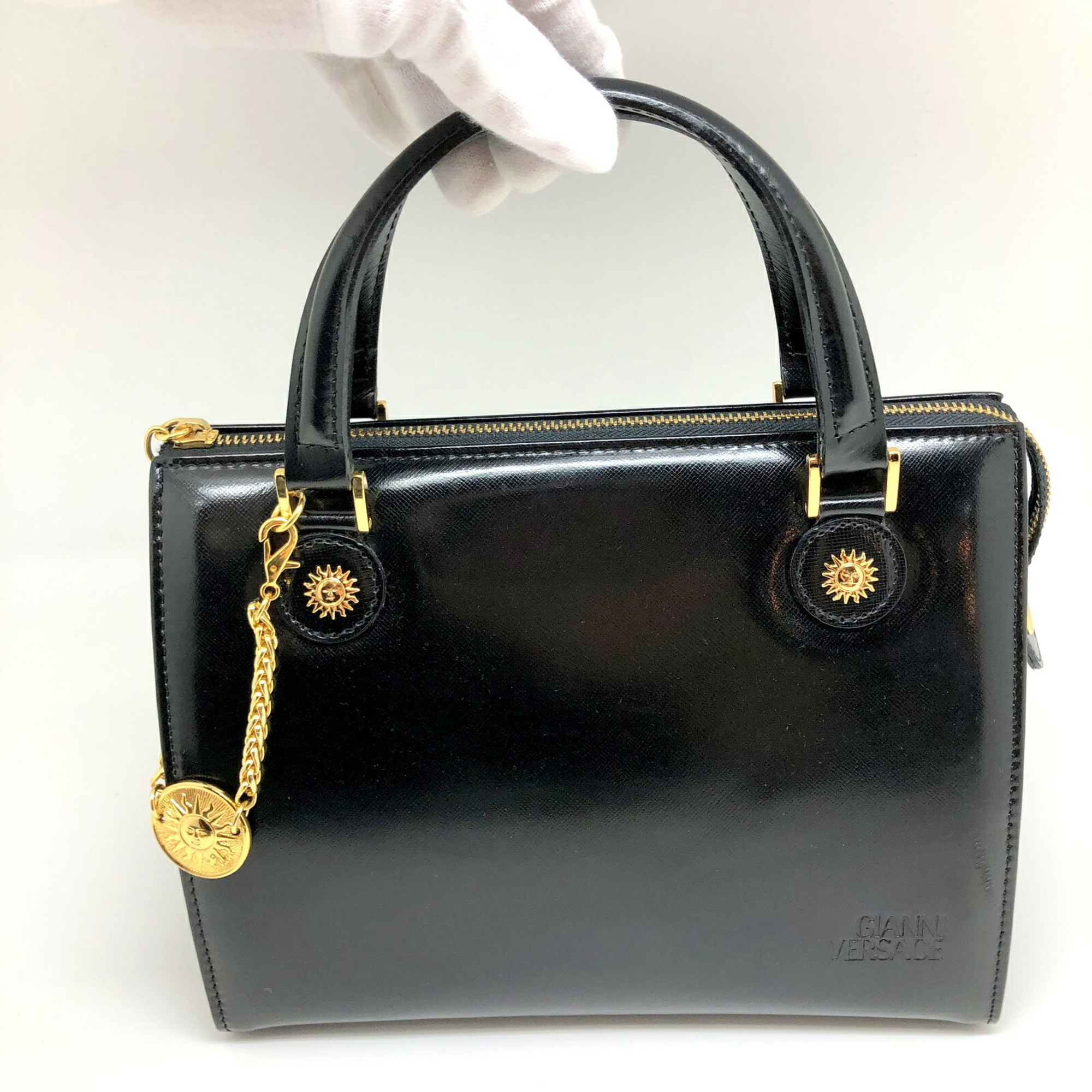 Versace 2way Handbag Enamel Black Gold Metal Fittings Sunburst Ladies